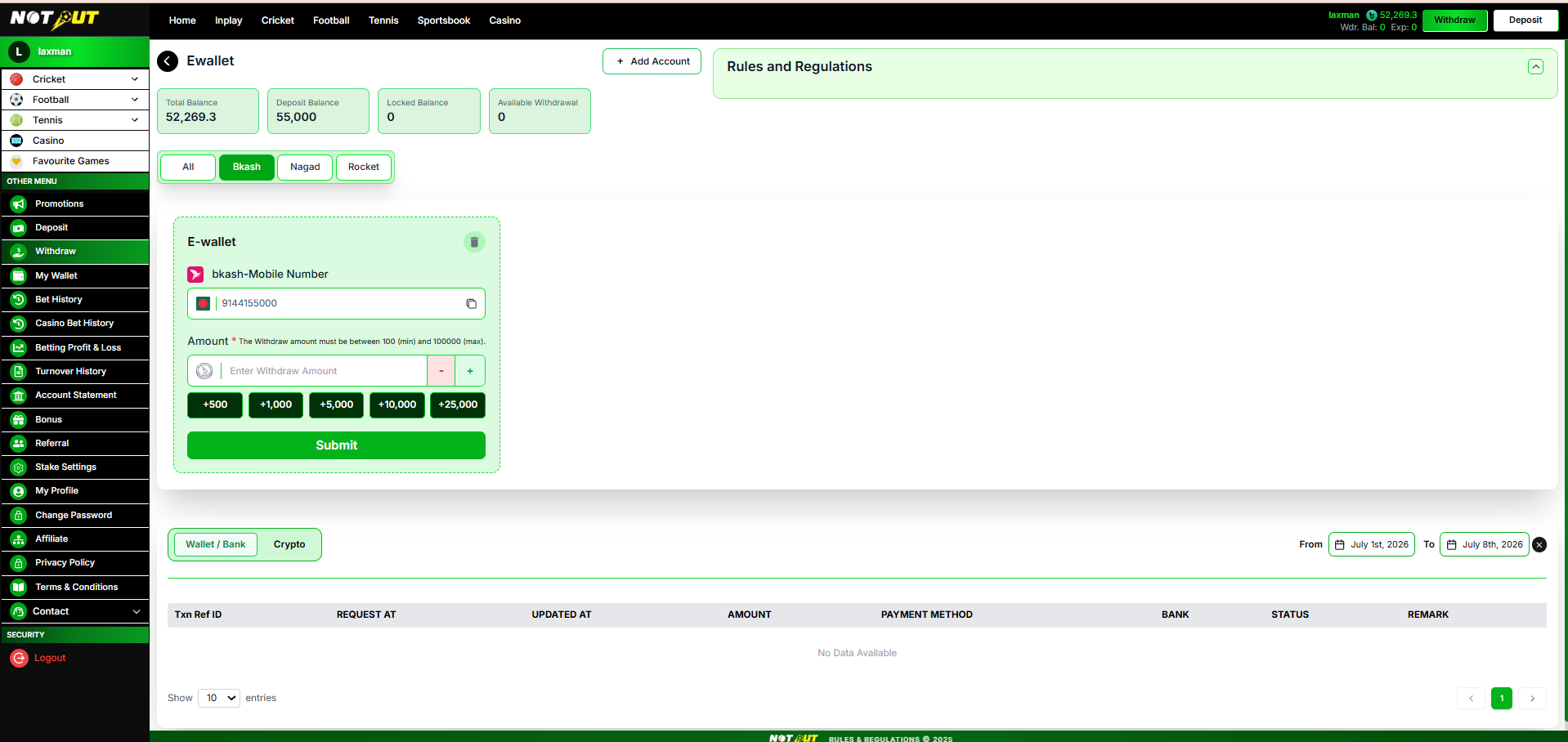 E-wallet payout account